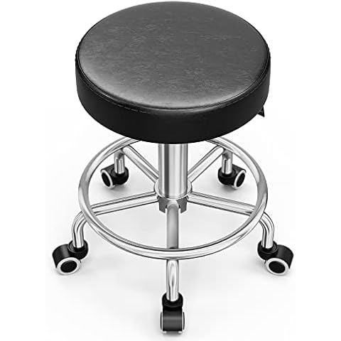 OKAKOPA Rolling Stools with Wheels, Round Height Adjustable Drafting Chair, 360 Swivel Spa Salon Bar Stool with PU Leather, Black Cover