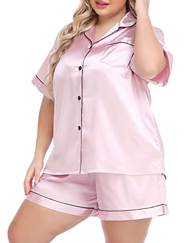 Swomog Women's Plus Size Pajama Set Silk Satin Pajamas Short Sleeve 2 Piece Sleepwear Button Down Bride Loungewear Set Pink #TOP3