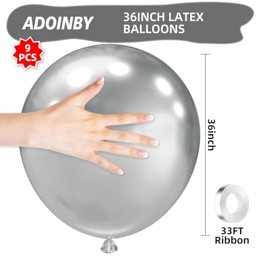 Image of 36 Inch Metallic Silver Balloons, 9Pcs Giant Silver Balloons Jumbo Large Thick Big Latex Balloons for Birthday Baby Shower Wedding Anniversary Graduation Photo Shoot New Year Party Decorations