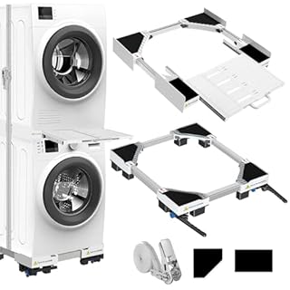 NIUXX universale di impilaggio e base mobile per asciugatrice e lavatrice, regolabile nelle dimensioni con corda a cricchetto e cestelli estraibili per lavatrici e asciugatrici per risparmiare spazio