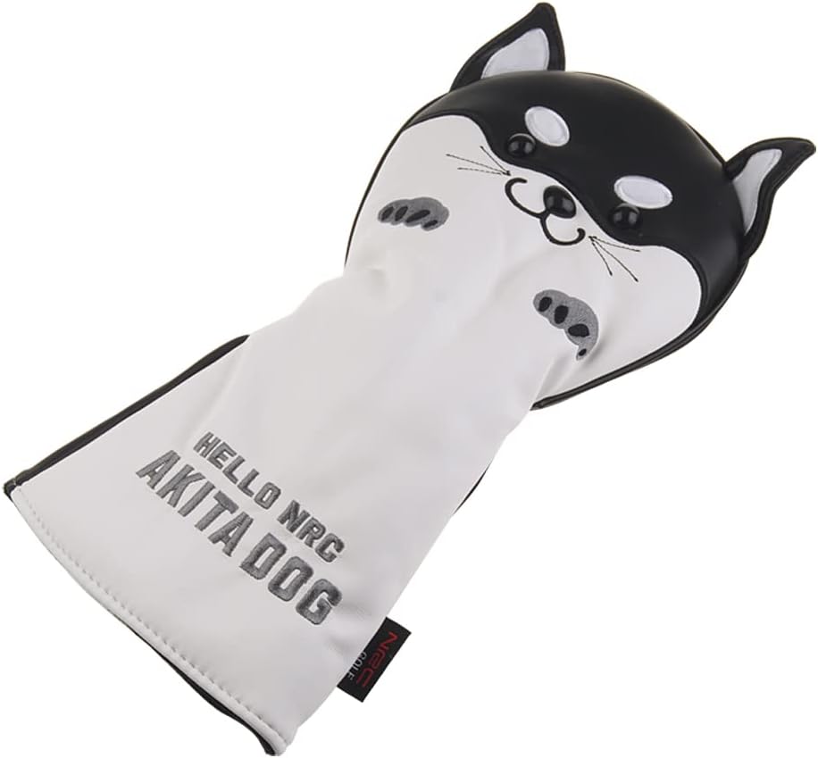 Akita Dog Driver Head Cover - Cartoon Pattern Golf Headcover, Elastic Closure Black PU Leather with Plush Lining for Golf Course & Travel Protection