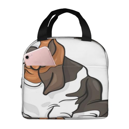断熱ランチバッグ、大容量、防水、熱漏れ防止、スタイリッシュで丈夫、仕事、学校、アウトドア活動に便利、男女兼用(かわいいバセットハウンド純血種の犬の茶色の子犬の漫画)