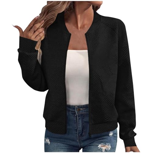 OPHPY Black Bomber Jacket Women, 2025 Bomber Jacket Women Textured Lightweight Zip Up Jackets Casual Stand Collar Full Zipper Coat Fall Fashion Outerwear Tops Black L