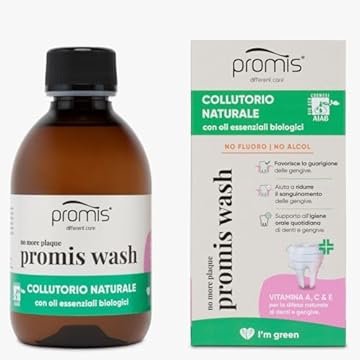 Promis Wash Collutorio Naturale Senza Alcol e Senza Fluoro con Vitamine A, C & E, Per Gengive Sensibili, Vegano, Organic Label AIAB, Oli Essenziali Biologici