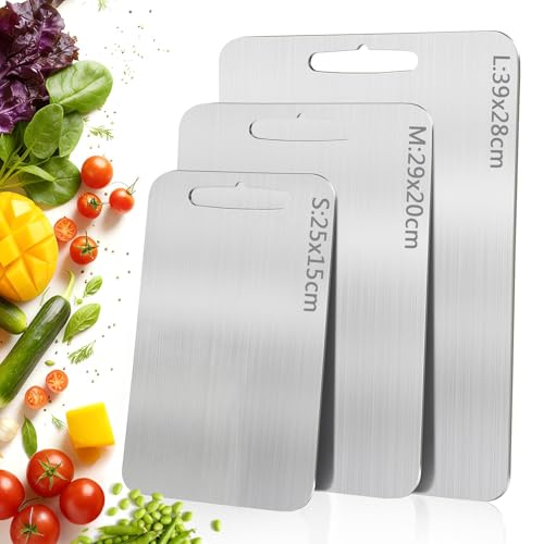3 Piezas Tabla de Cortar Acero Inoxidable, Tabla de Cortar de Titanio de Grado Alimenticio para Cocina, Doble cara Reversible, Antibacteriana eHigiénica, ldeal para Carne, Verduras y Frutas