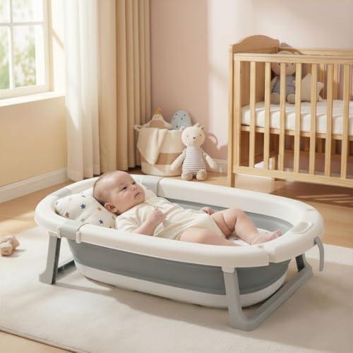 Miniatura 2 de Bathby Bañera Plegable Bebé Con Cojín Termómetro Patas Antideslizantes Tapón De Seguridad Para Bebé Recién Nacido, Diseño Plegable, Fácil De Guardar Y Transportar, Gris Pastel