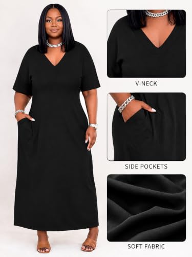 Image of PinkPatty Women's Plus Size Short Sleeve Maxi Dress Casual Loose V Neck Long Dress with Pockets