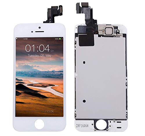 Screen Replacement for iPhone 5s White, Fully Pre-Assembled LCD Display and Touch Screen Digitizer Replacement with Proximity Sensor, Earspeaker and Front Camera, Repair Tools and Screen Protector Screen Replacement for iPhone 5s White, Fully Pre-Assembled LCD Display and Touch Screen Digitizer Replacement with Proximity Sensor, Earspeaker and Front Camera, Repair Tools and Screen Protector
