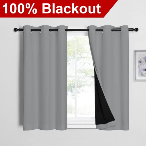Image of NICETOWN Silver Grey 100% Blackout Curtains with Black Liners, Thermal Insulated Full Blackout 2-Layer Curtains, Energy Efficiency Window Draperies for Dining Room (2 Panels, 42-inch W by 45-inch L)