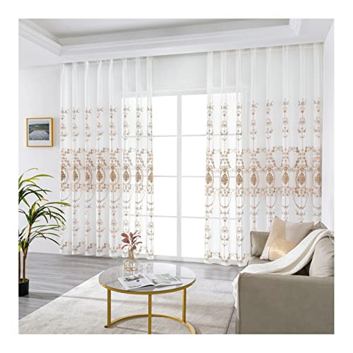 Cortinas translúcidas de poliéster KnSam con textura aspecto de lino y bordado beige 2