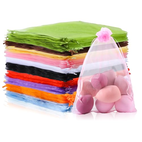 Mstar Pack 100 Pcs Organza Bags Grey Sheer Organza Wedding Favor with Drawstring Jewelry Gift Bag for Party Jewelry Bathroom Soaps (Colorful 5.91 * 7.87 inch)