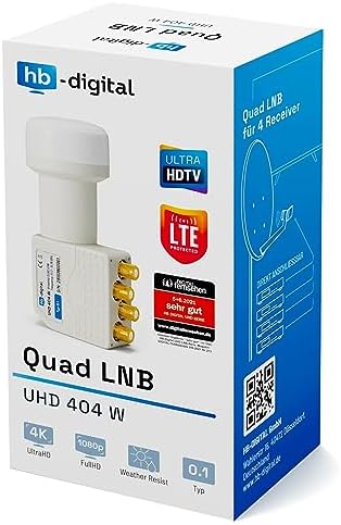 HB-DIGITAL Quad LNB 4-krotny DVB-S DVB-S2 Full HD TV 4K UHD SAT głowa biała 4 uczestników z ochroną przed warunkami atmosferycznymi + 8 x pozłacane wtyczki F