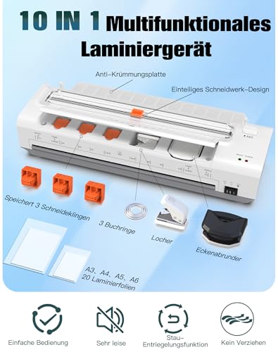 13 Zoll A3 Laminiergerät mit Automatischer Papiereinführung, A3 Heiß- & Kaltlaminierung, 20 Laminierfolien, 10-in-1 Set mit Schneider, Trimmer & Eckenabrunder für Büro, Schule & Zuhause, Weiß