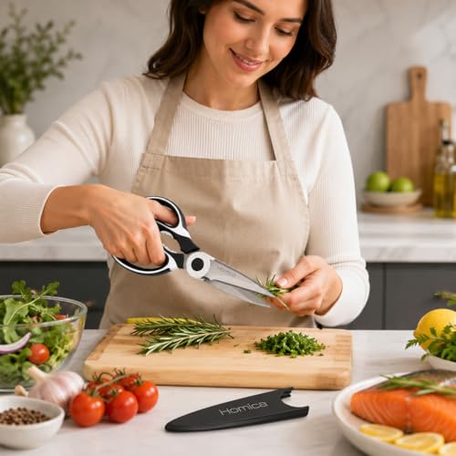 Image of Multi Purpose Heigh Quality Kitchen Scissors | Premium Stainless Steel Food Shears for Meat, Chicken, Fish, Seafood, Vegetables & Herbs | Heavy Duty Kitchen Shears with Bottle Opener | Black
