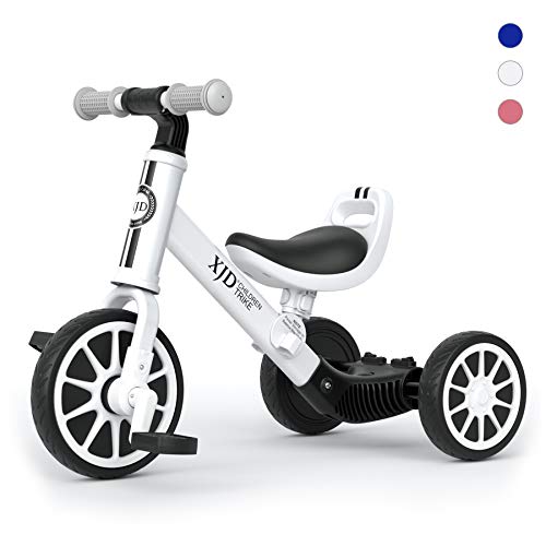 XJD 3 in 1 Kids Tricycles for 2 to 4 Years Old Kid Trike Toddler Bike Boy Girl Trikes for Toddler Tricycle Baby Bike Infant Trike with Adjustable Seat Height and Removable Pedal，Classic White