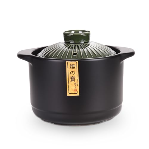 Ceramic Cooking Pot 2.1QT Authentic Japanese Donabe Clay Pot Earthenware Stew Pot for Slow Cooking Casserole with Green Lid Healthy & Non Toxic