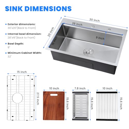 POPFLY 30 x 20 Inch Kitchen Sink, 30 Inch Drop in Workstation Sink by POPFLY - Used condition - Image 7