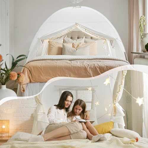 Razee Twin Bed Tent for Kids, Twin Size Bed Canopy Tent Indoor Privacy Tent on Bed Sleep for Girls and Boys, Bed Tent Twin Tent Bohemian Tassel, White Play Tents Dream Princess Tent - Thumbnail 3