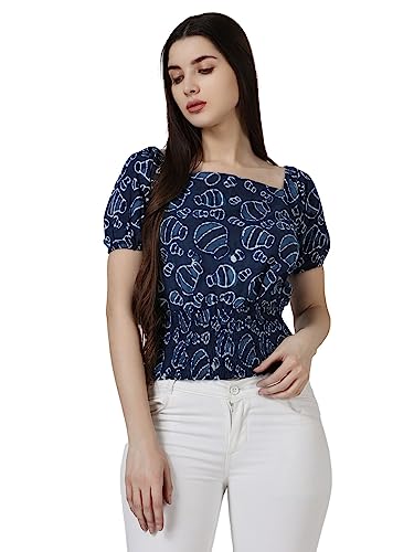 Image of POPWINGS Women Casual Bagru Print Top With Puff Sleeves and Square Neck - Stylish Trendy Smocking Summer Top