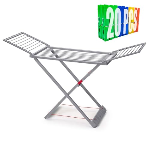 Acan Tradineur - Étendoir pliable 100 % résine, 20 mètres d'espace d'étendue, fabriqué en Espagne, avec verrouillage de sécurité, 180 x 108 x 55 cm, avec 20 pinces (gris)