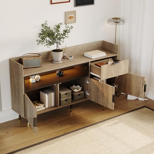 DACHETOU Aparador moderno de madera natural, 160 x 35 x 82 cm, estantes abiertos, prácticos cajones, puertas oscilantes a ambos lados, con rieles silenciosos y marco de madera estable