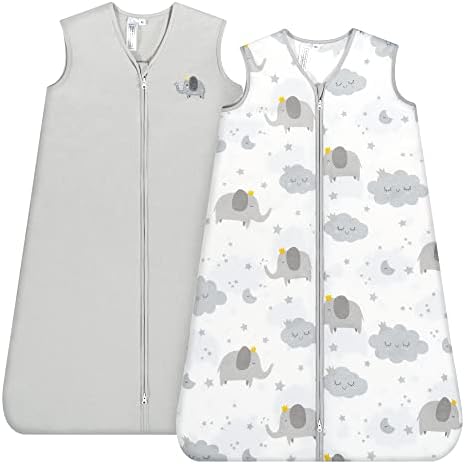 TILLYOU Sleep Sack - Cotton Wearable Blanket, Baby Sleepsack with 2-Way Zipper, Super Soft Lightweight 2-Pack Sleeveless Sleep Sack Unisex Boy, Fits Babies Age 0-6 Months,Grey Elephant&Cloud