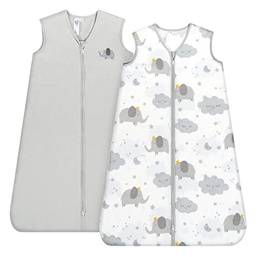 Image of TILLYOU 2 Pack Infant Sleep Sack 0-6 Months 100% Cotton Wearable Blanket 0.5 TOG Sleeveless Summer Sleep Sacks with 2-Way Zipper, Grey Elephant & Cloud