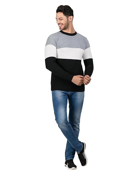Men's Woolen Round Neck Pullover, Striped Design, Heavy Rainbow Fabric, Pure Wool Winter Cardigan, Free Size-picture-39