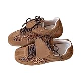 Retro Leopard Print Sneakers for Women Flap Tongue Color Block Double Color Shoelaces Fashion Casual Trainers Walking Runing Tennis Shoes (Brown,8)
