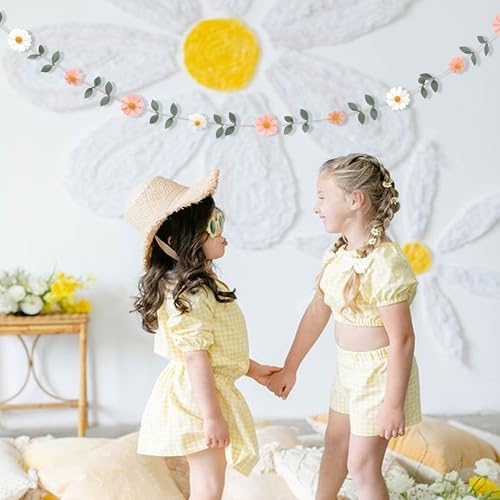 Wool Felt Daisy Chain Banner Garland - Daisy 1st Birthday Decorations,Daisy Themed Party Decorations,Nursery Wedding Decoration,White Pink Wool Felt Daisy Green Leaf Garland (pink1) by WAUAO - Image 4
