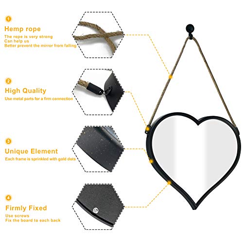 Urban Deco Heart Mirror 3 Pcs Heart Shaped Mirror Black Hanging Mirror Sets For Bedroom Living Room Bathroom Scandinavian Natural Wall Decoration Retro Style Wall Mirrors Decorative With 3 Hooks #TOP1