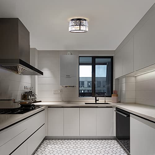 Galtlap Farmhouse Crystal Semi Flush Mount Ceiling Light Modern Black Close To Ceiling Lighting Fixtures, 3 Lights Drum Chandelier For Kitchen Dining Room Bedroom Entry Way #TOP1