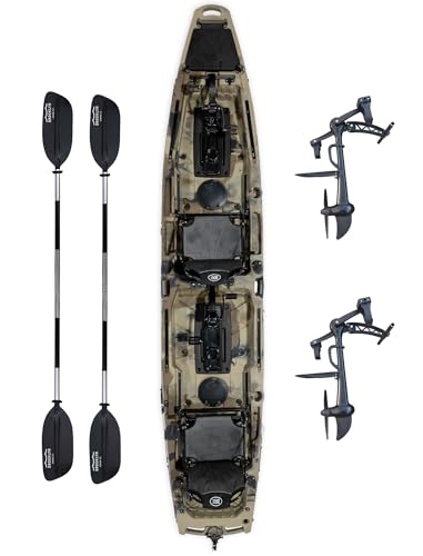 Upgraded Brooklyn 14.0 Tandem Pedal Kayak with Propeller Drive by BKC, 2-Person Sit-On-Top Fishing Kayak, Hand Rudder, Rod Holders, Large Storage, Stable 14ft Hull (Camo)