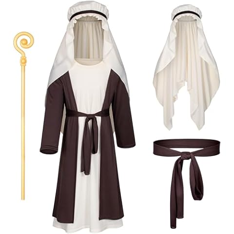 Irtysh Kids Biblical Saint Joseph Costume Jesus Robe Fancy Dress Sherherd Costume Staffs Headwrap Hat Waist Rope Set(Brown 110) Cover