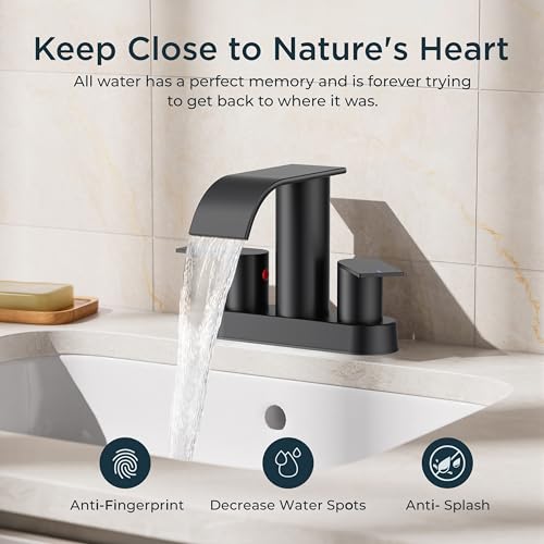 FORIOUS Matte Black Bathroom Faucets, Waterfall 4 Inch Centerset Bathroom Sink Faucet with Metal Pop up Drain and cUPC Hose for Basin, Vanity, RV, Pedestal 2 or 3 Hole Sink, 2 Pack by FORIOUS - Image 4