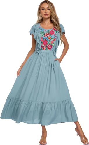 Image of Women's Summer Maxi Dress Casual Floral Embroidered Round Neck Short Sleeve Ruffle Tiered Dress Flowy Boho Beach Sundress