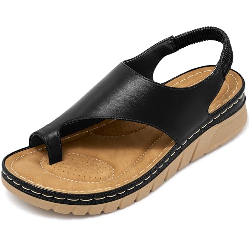 Aomigoct Womens Comfortable Wedge Sandals: Black 9 Cushioned & Soft PU Leather for Daily Outings - Lightweight & Non-Slip Sole for Confidence in City Walking - Summer Style Seekers