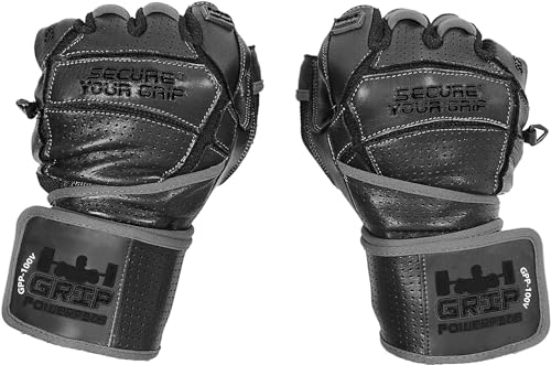 Elite Leather Gym Gloves with Built in 2" Wide Wrist Wraps Grip & Design for Weightlifting Power Lifting Bodybuilding & Strength Training Workout Exercises (Black, Medium)