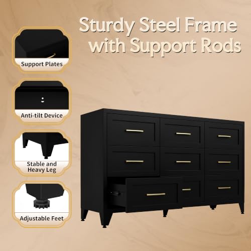 Image of Metal Dresser, 9 Drawer Chest of Drawers for Bedroom, Black
