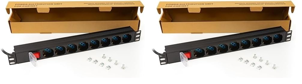 Link multipresa da rack LK10065 con 8 prese universali/Schuko/tripolari, con interruttore e spina C14. Per rack 19”, in metallo resistente, 3,5KW, misure 48,5x4,5x4,5. Alette reversibili.