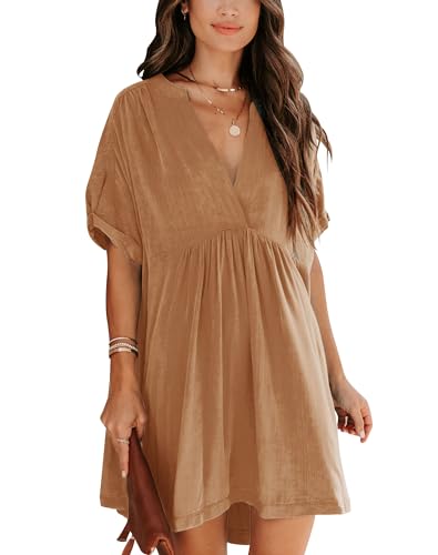 Minclouse Women's Babydoll Short Sleeve Tunic Dress V Neck Cute