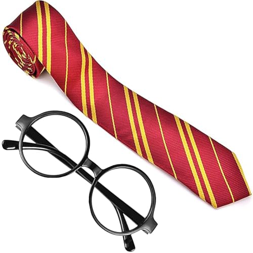 Krilucly Kit de Cosplay Mago Mágico, con Corbata, Gafas, Mago Disfraz de Corbata, Gafas Negras Redondas Plástico Gafas Sin Lentes, Accesorios para Disfraces de Mago para Halloween para Niño Adulto