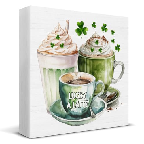 St. Patrick's Day Decor - St Patricks Day Decorations - St. Patrick's Day Coffee Lucky a Latte Wooden Sign Home Coffee Bar Kitchen Table Desk Shelf Decor 5×5 Inches