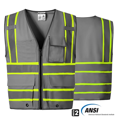SKSAFETY 10 Pockets Safety Vest, Class 2 High Visibility Security with Zipper, Hi Vis Vest with Reflective Strips, ANSI/ISEA Standard, Construction Work Vest for Men ＆ Women （Grey,3XL） by SKSAFETY - Image 3