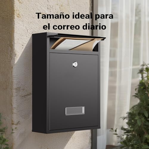 Miniatura 4 de Wiltec Buzón De Pared Color Negro V10 Con Placa De Identificación, Amplia Ranura Para Cartas Y 2 Llaves Buzón De Acero Con Recubrimiento En Polvo Para Montaje En Pared