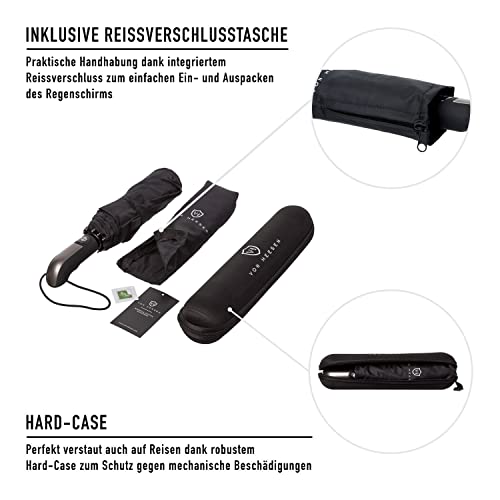 VON HEESEN Regenschirm sturmfest bis 140 km/h - inkl. Schirm-Tasche & Reise-Etui - Taschenschirm mit Auf-Zu-Automatik, klein, leicht & kompakt, Teflon-Beschichtung, windsicher, stabil (Schwarz)