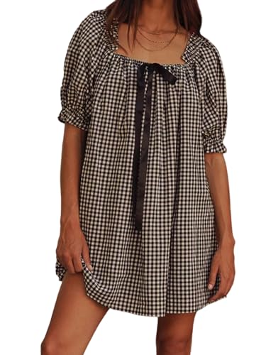 Image of Women Y2k Puff Sleeve Babydoll Dresses Square Neck Tie Back Mini Dress Summer Solid Off Shoulder Flowy Sundress