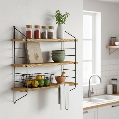unho Floating Wall Shelves, 3 Tier Adjustable Pine Wood Shelf with Metal Bracket 58×15×54.5cm - Cosy Home Interiors unho Floating Wall Shelves, 3 Tier Adjustable Pine Wood Shelf with Metal Bracket 58×15×54.5cm - Image 2