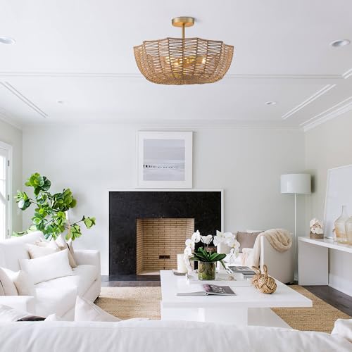 3-Light Scalloped Rattan & Paper Rope Semi Flush Mount –