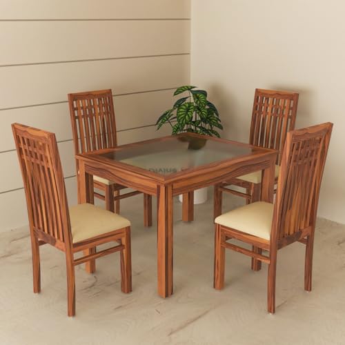 Image of Solid Sheesham Wood Dining Table Set of 4 | Wooden 4 Seater Dining Table with 4 Chairs with Cushion | Wood Dining Table & Chairs for Home, Restaurant, Cafe, Dining Room | Honey Finish